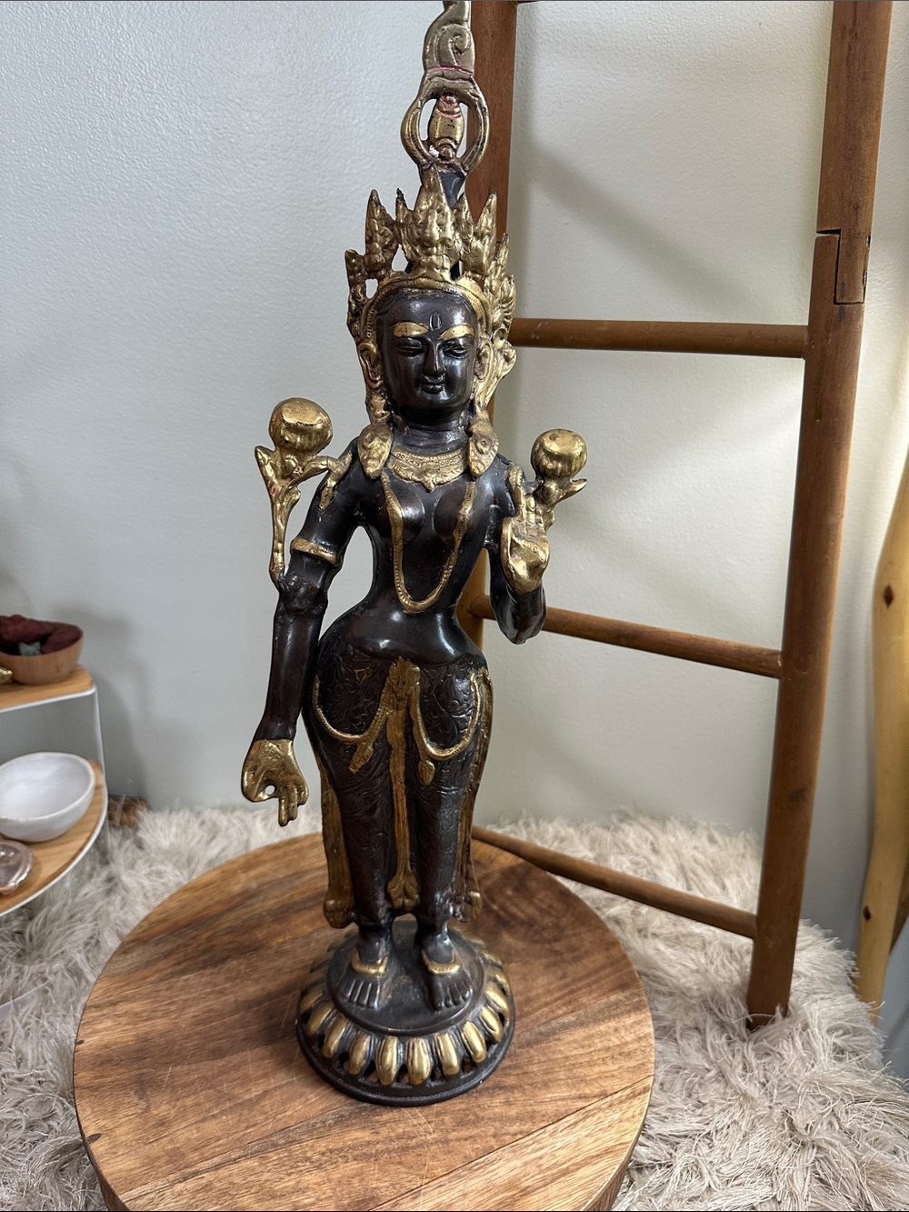 Standing Tara Bronze &Gold Tone Cast Metal Statue Buddhist Goddess of Compassion